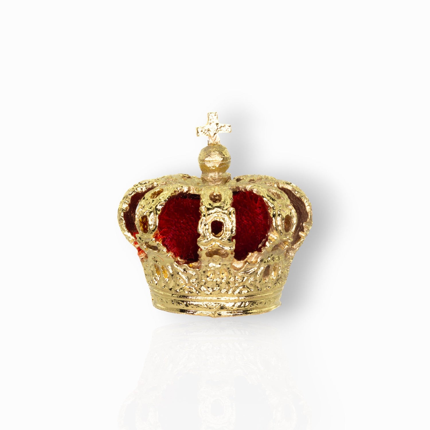 Gold crown with red center on a white background.