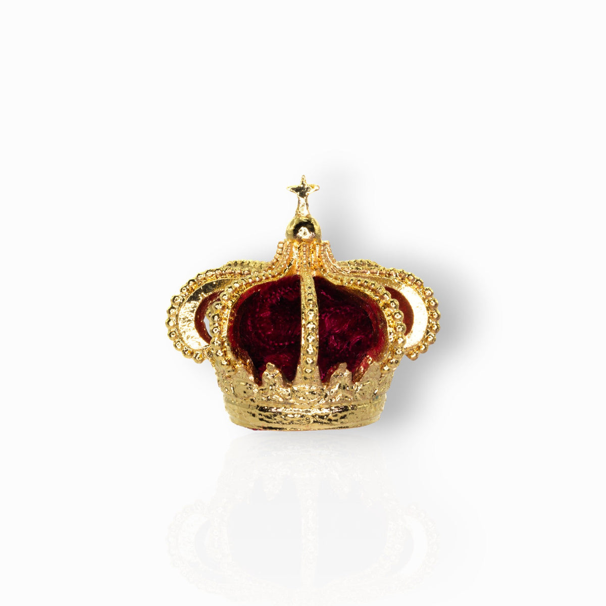 Gold crown with red interior on a white background.