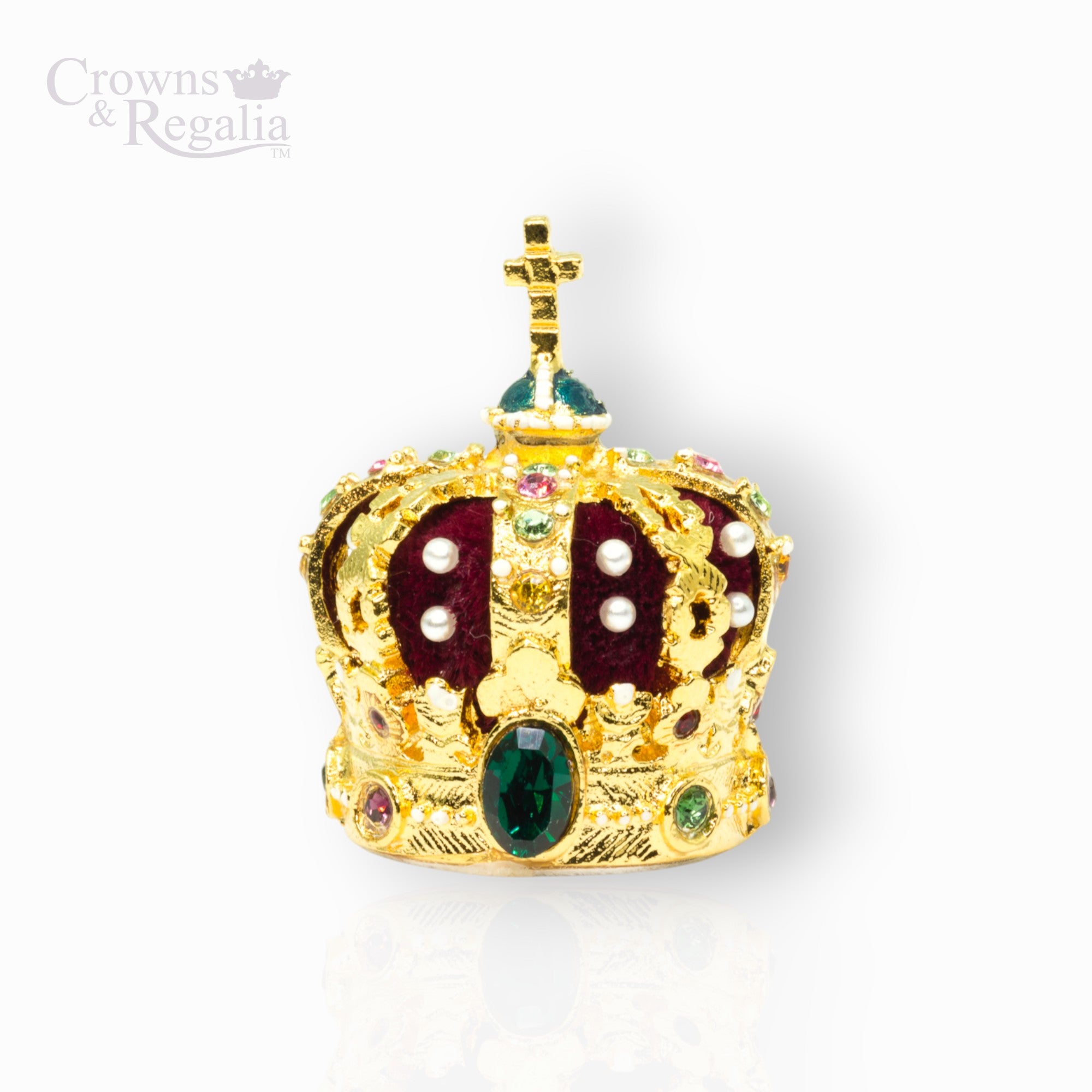 Gold crown with gemstones on a white background, branded 'Crowns & Regalia'.