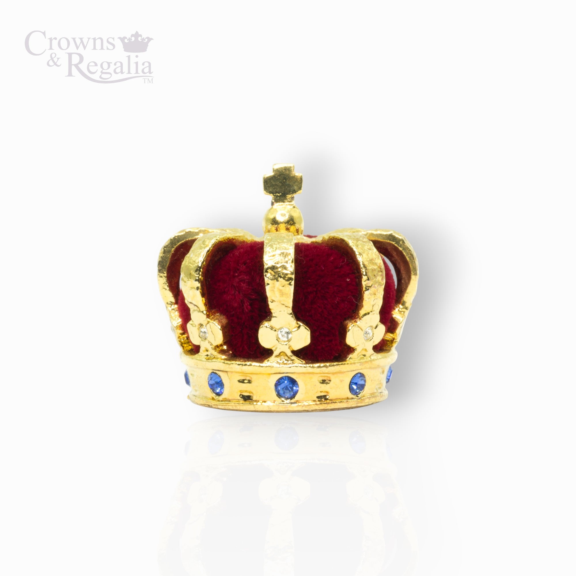 Gold crown with red velvet interior and blue stones on a white background, branded 'Crowns & Regalia'.