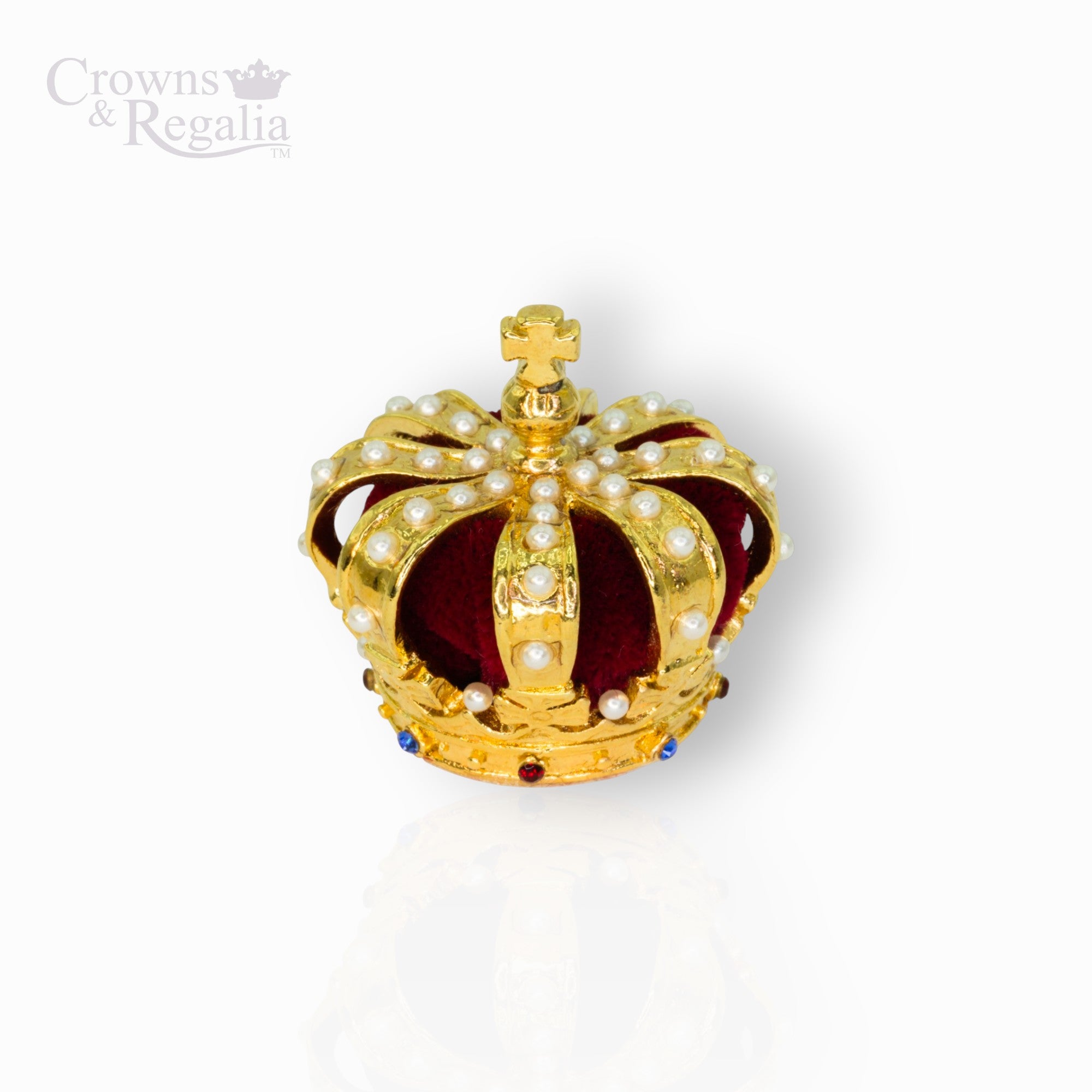 Gold crown with pearls and red center on a white background, branded 'Crowns & Regalia'.