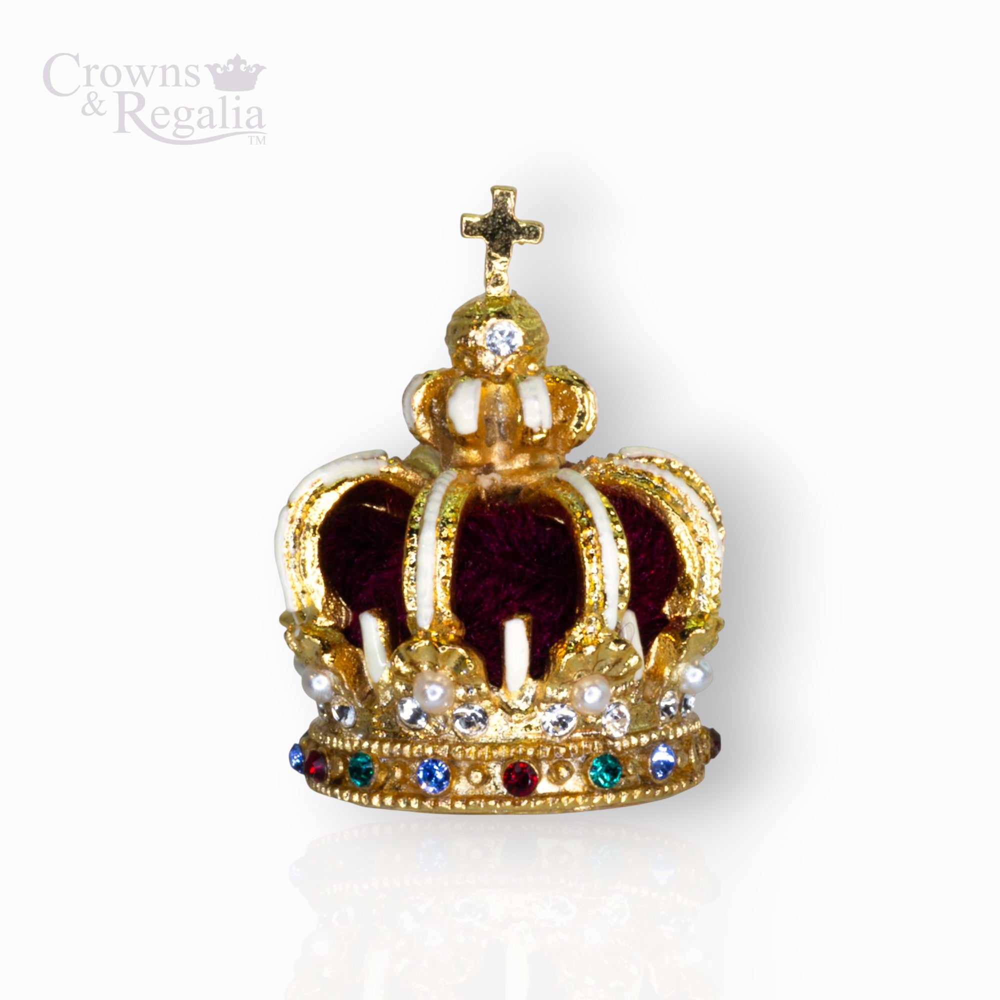 Gold crown with colorful gemstones on a white background, branded 'Crowns & Regalia'.