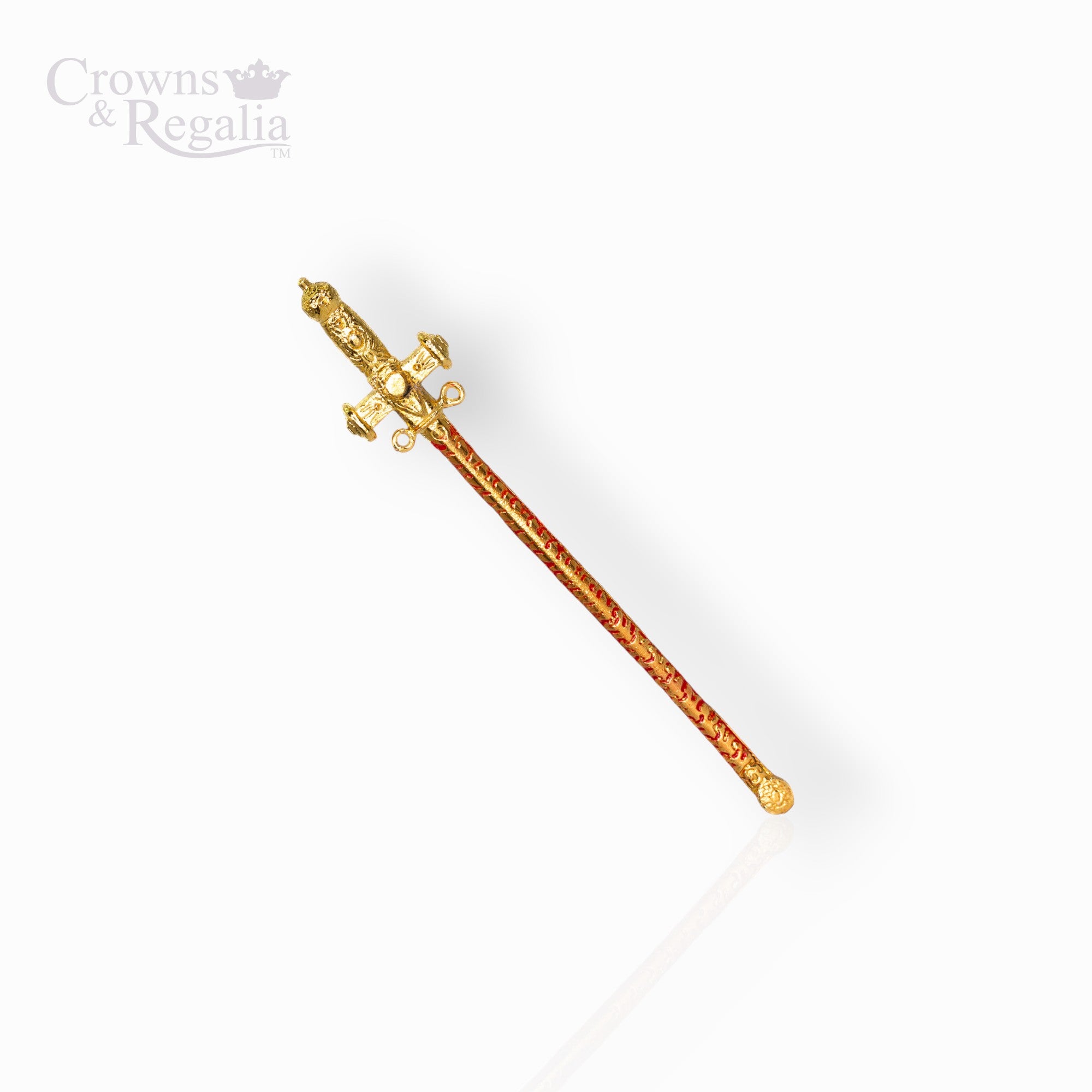 Decorative gold scepter on a white background with 'Crowns & Regalia' branding.