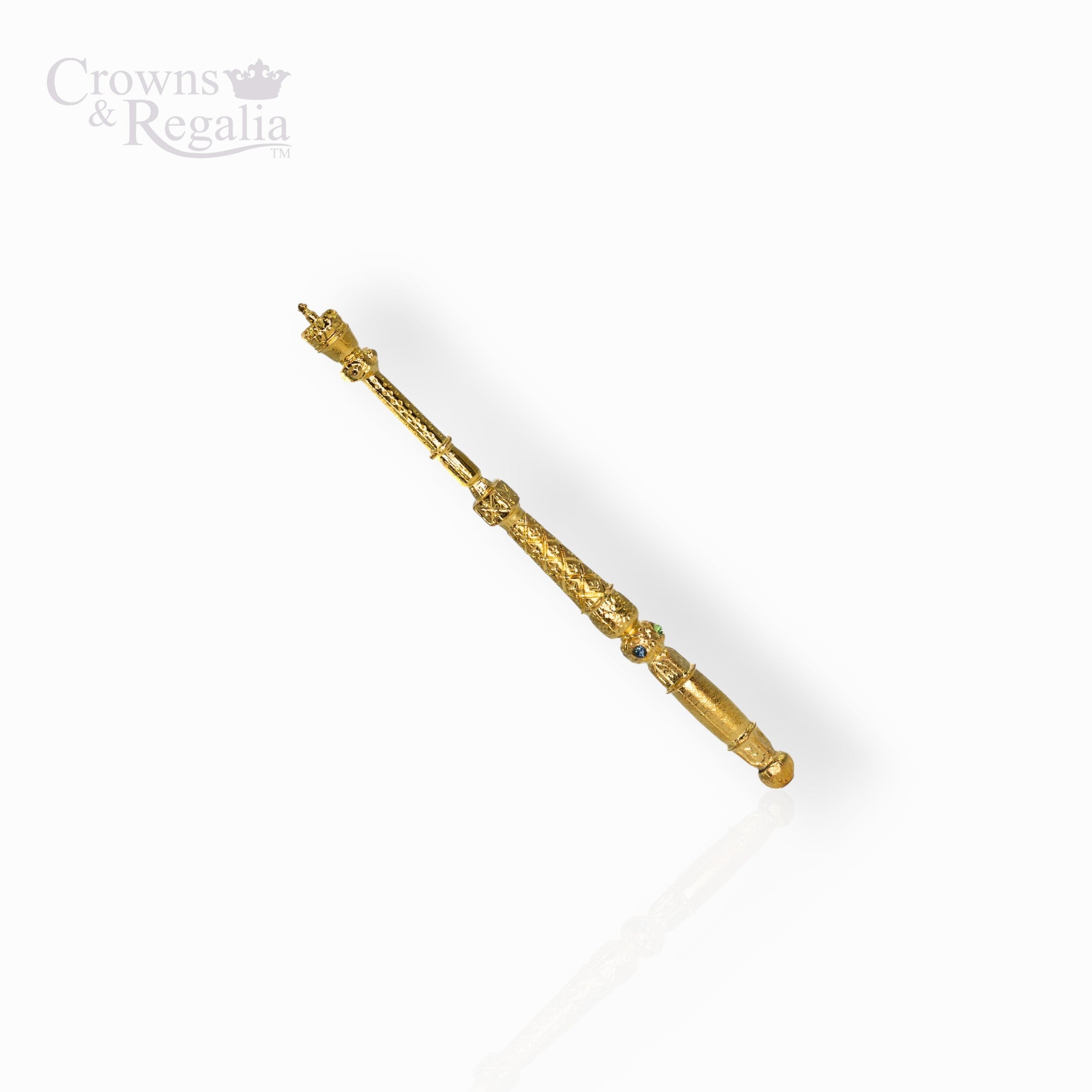 Gold scepter with decorative elements on a white background, branded 'Crowns & Regalia'.