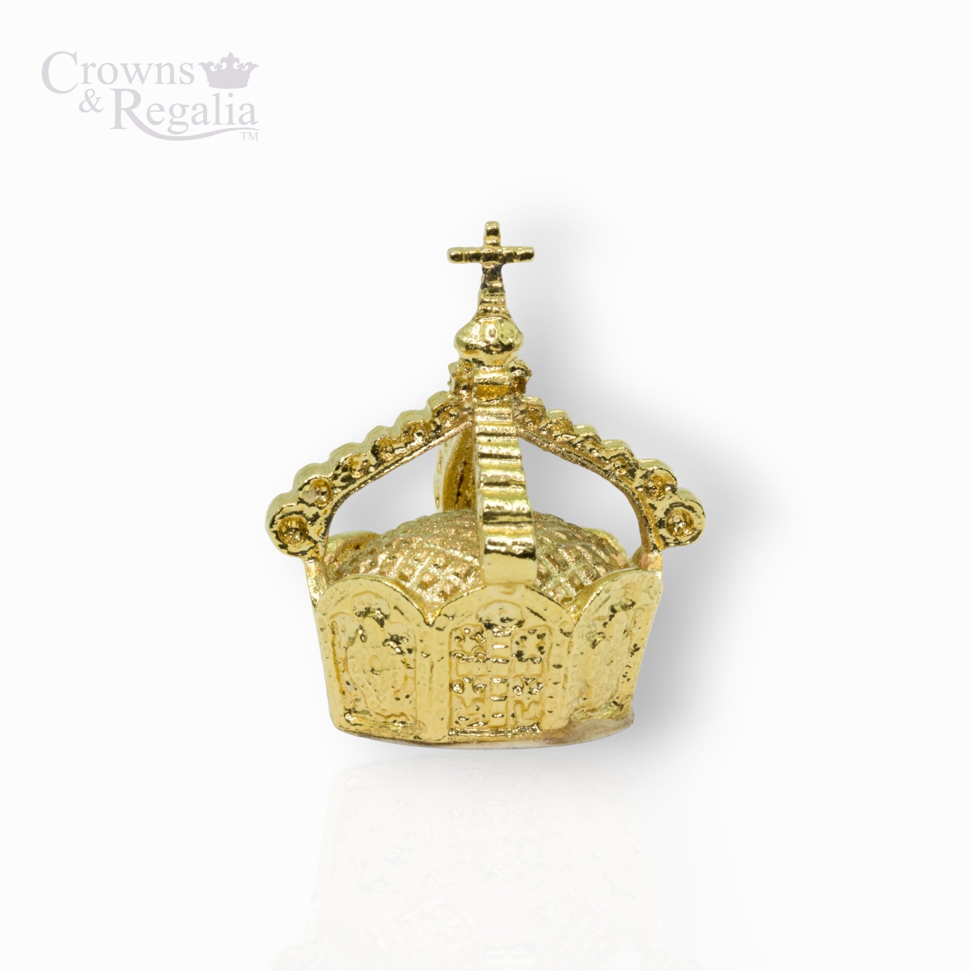 Gold crown on a white background with 'Crowns & Regalia' branding.