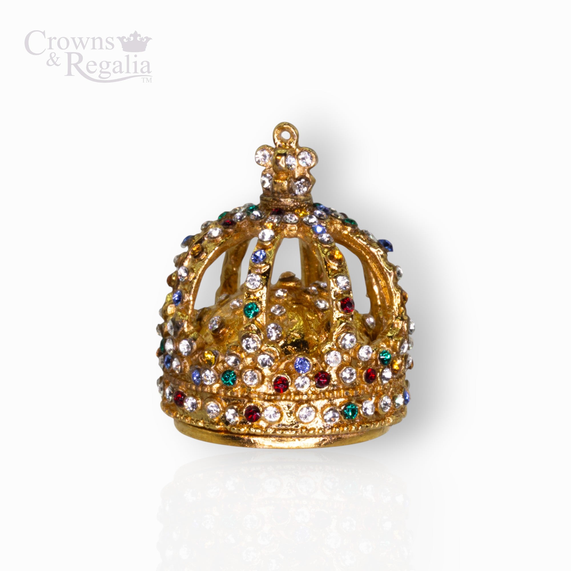 Decorative gold crown with colorful gemstones on a white background, branded 'Crowns & Regalia'.