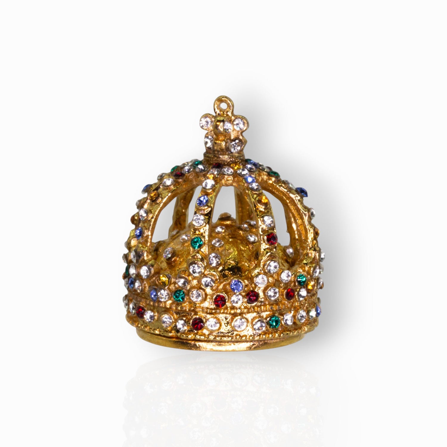 Decorative gold crown with colorful gemstones on a white background.