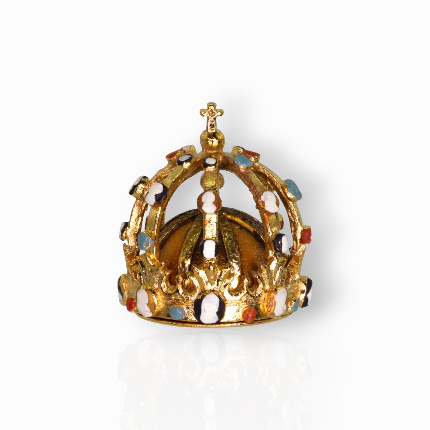 Gold crown with colored stones on a white background.
