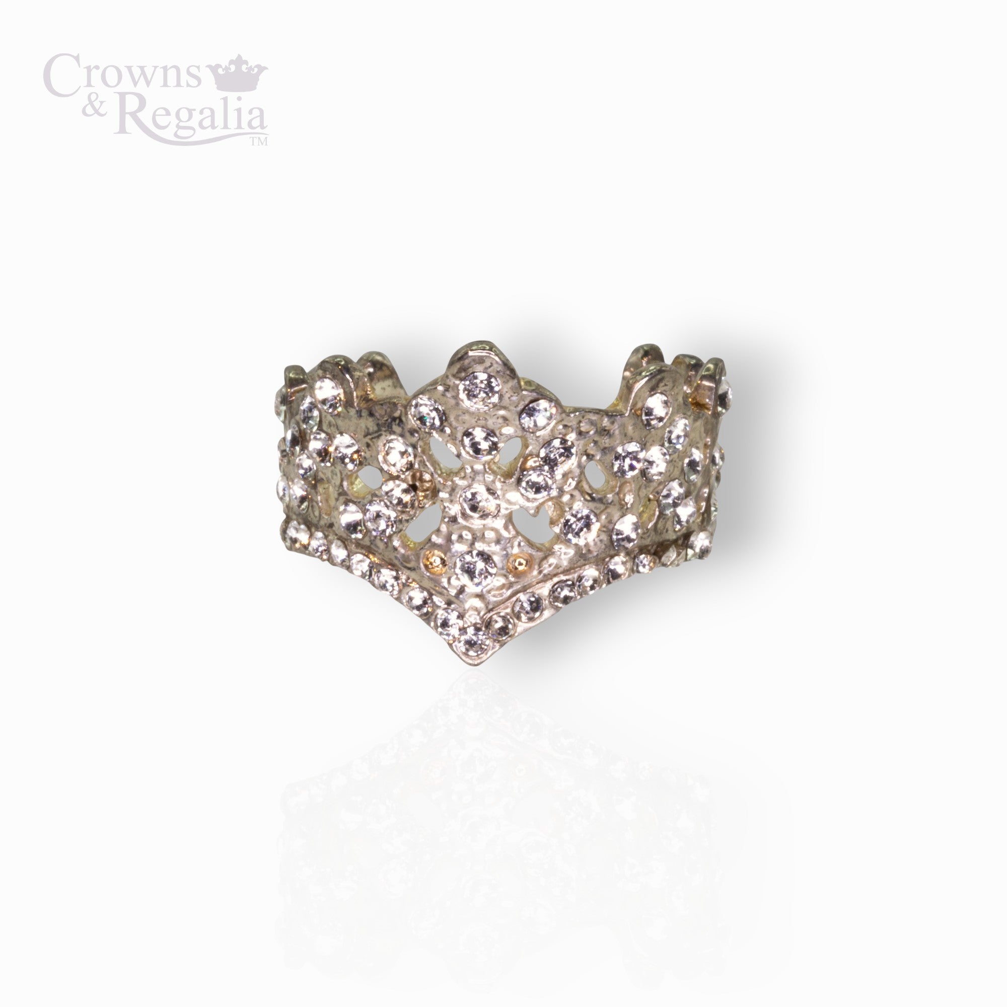 Decorative crown with crystals on a white background, branded 'Crowns & Regalia'.