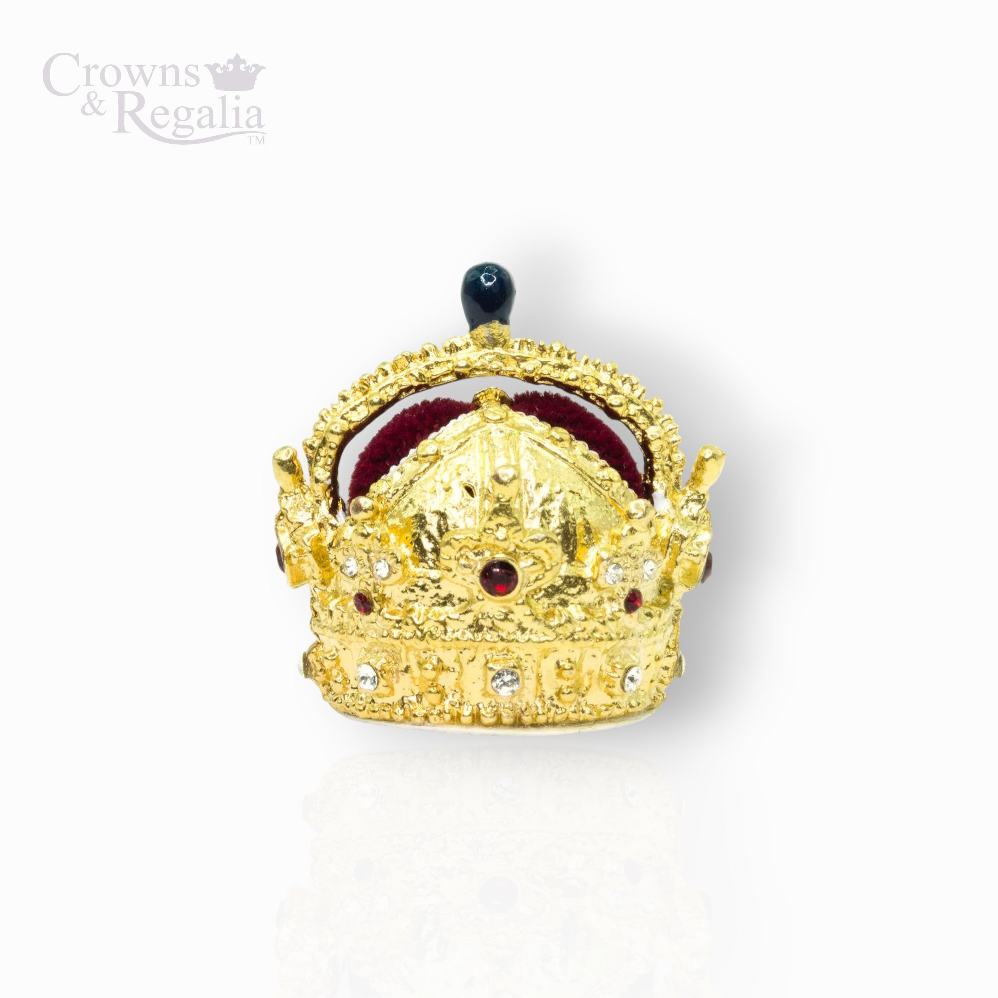 Gold crown with red stones on a white background, branded 'Crowns & Regalia'.
