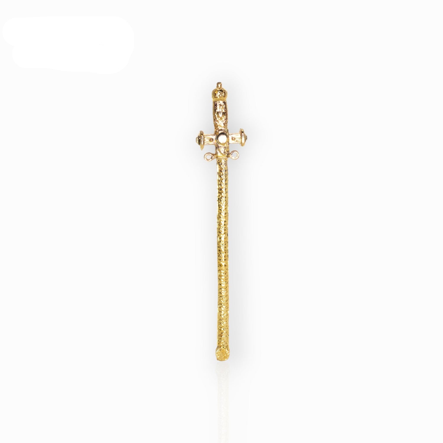 Gold sceptre with gemstones on a white background.