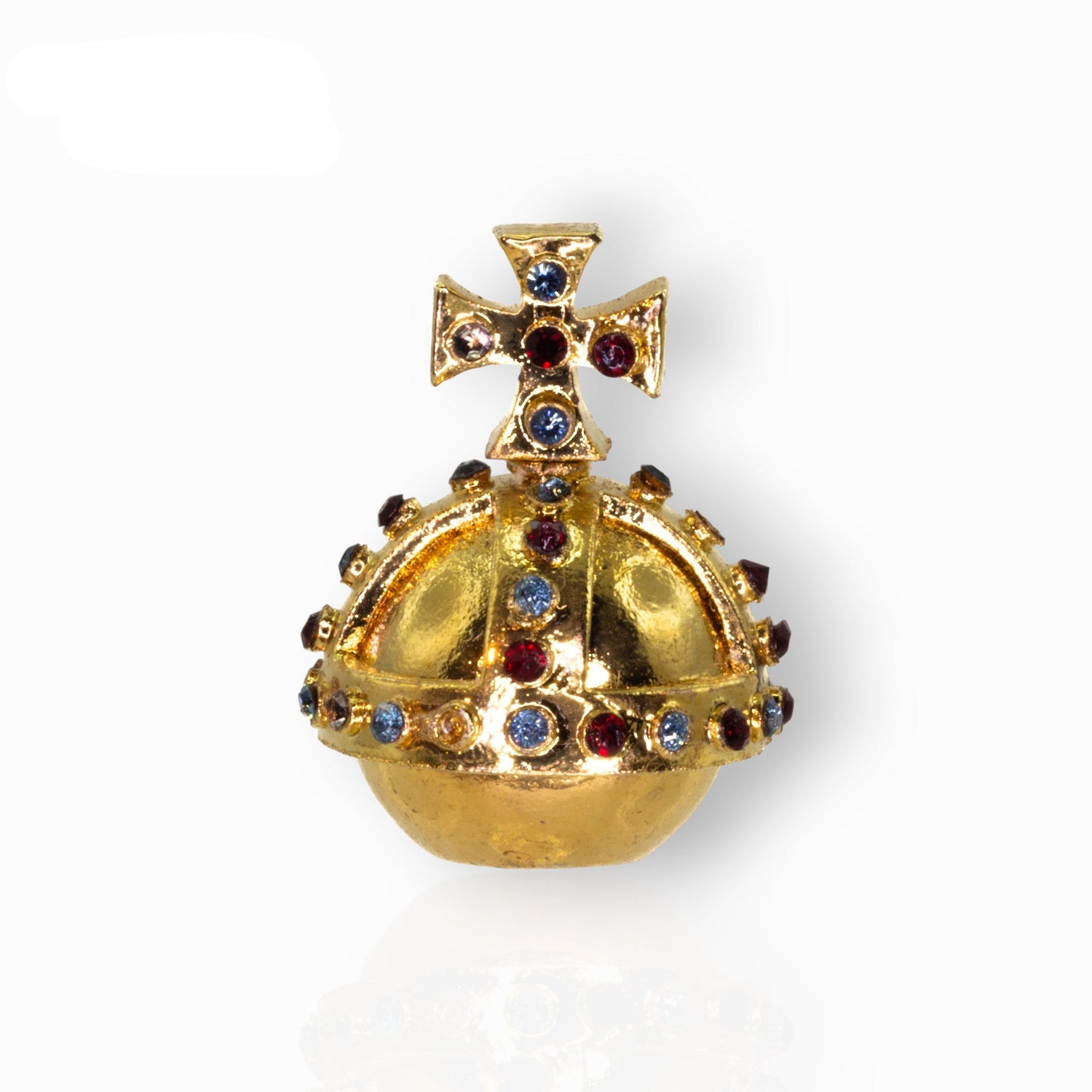 Gold orb with colorful gemstones on a white background.