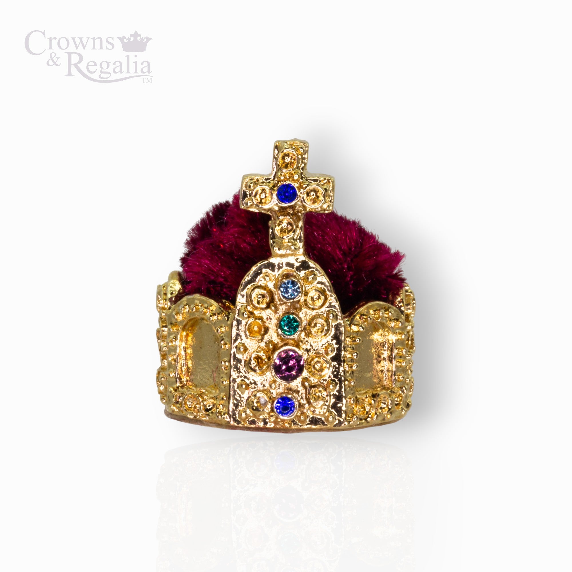 Gold crown with red velvet and colorful gems on a white background, branded 'Crowns & Regalia'.