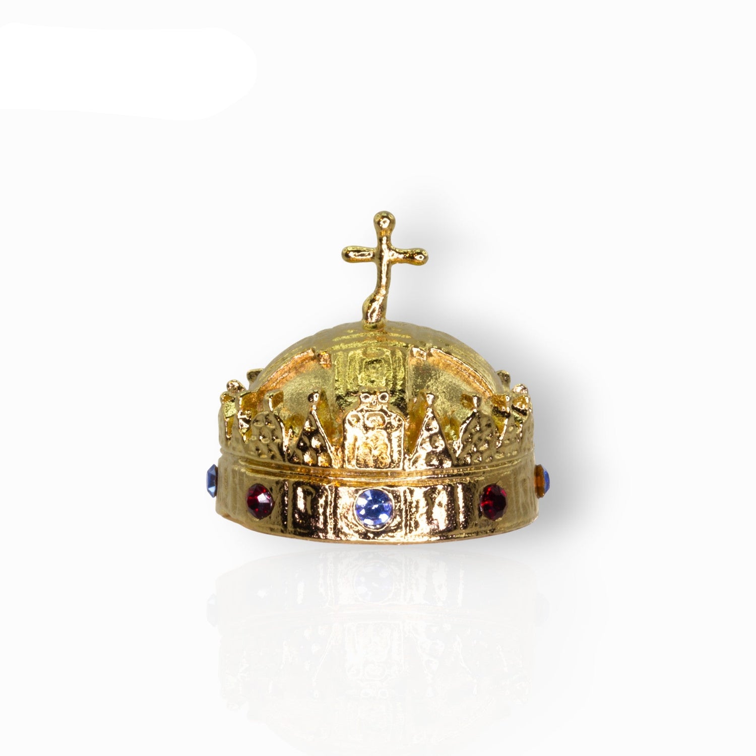 Gold crown with decorative elements and gemstones on a white background.