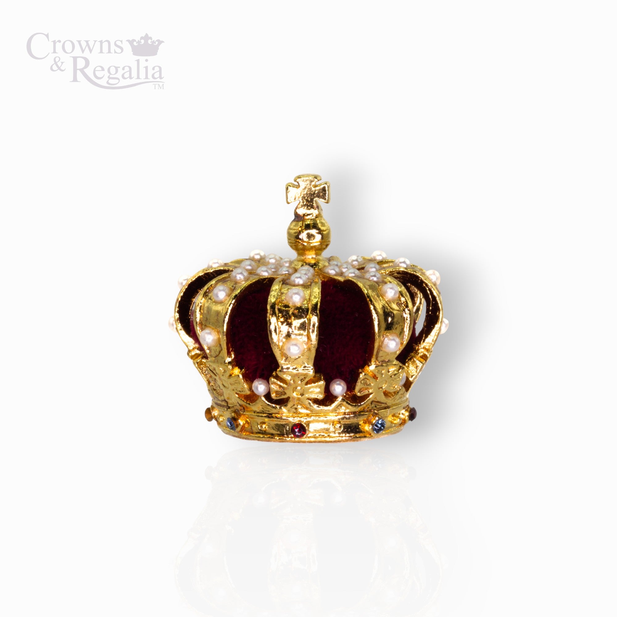Gold crown with pearls and gemstones on a white background, branded 'Crowns & Regalia'.
