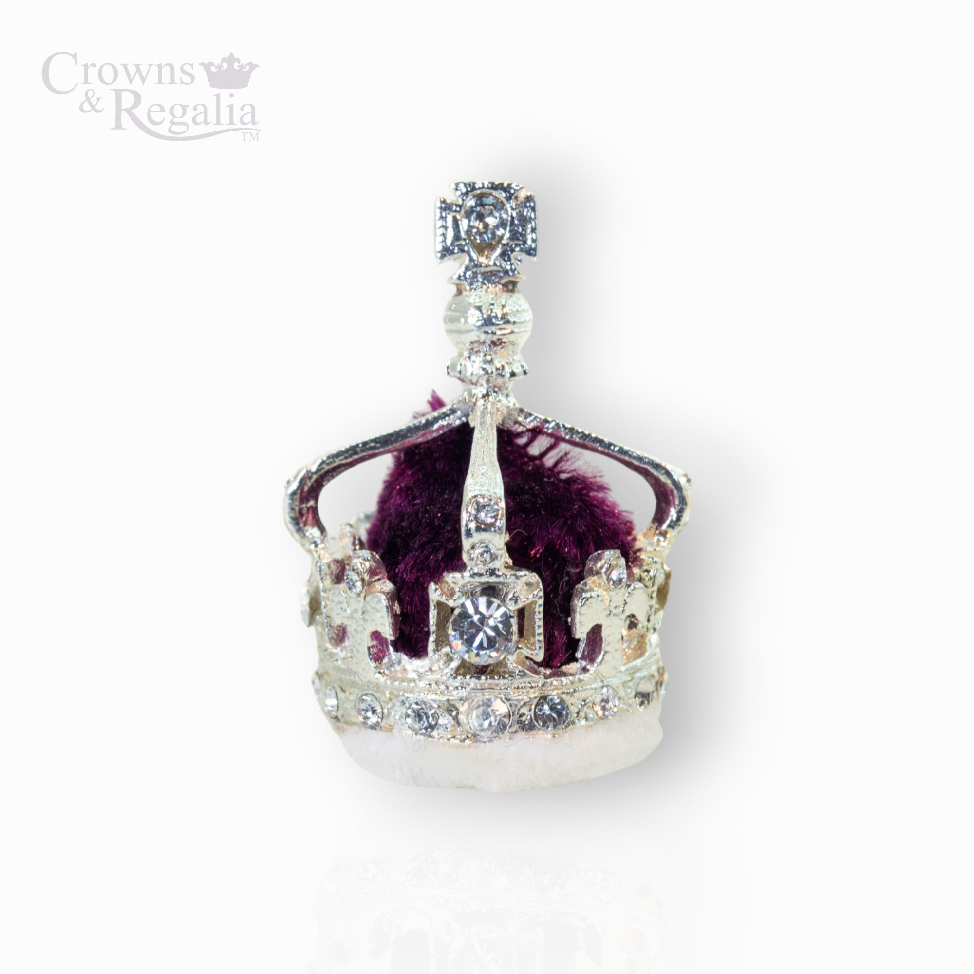 Decorative crown with purple interior and silver embellishments on a white background, branded 'Crowns & Regalia'.