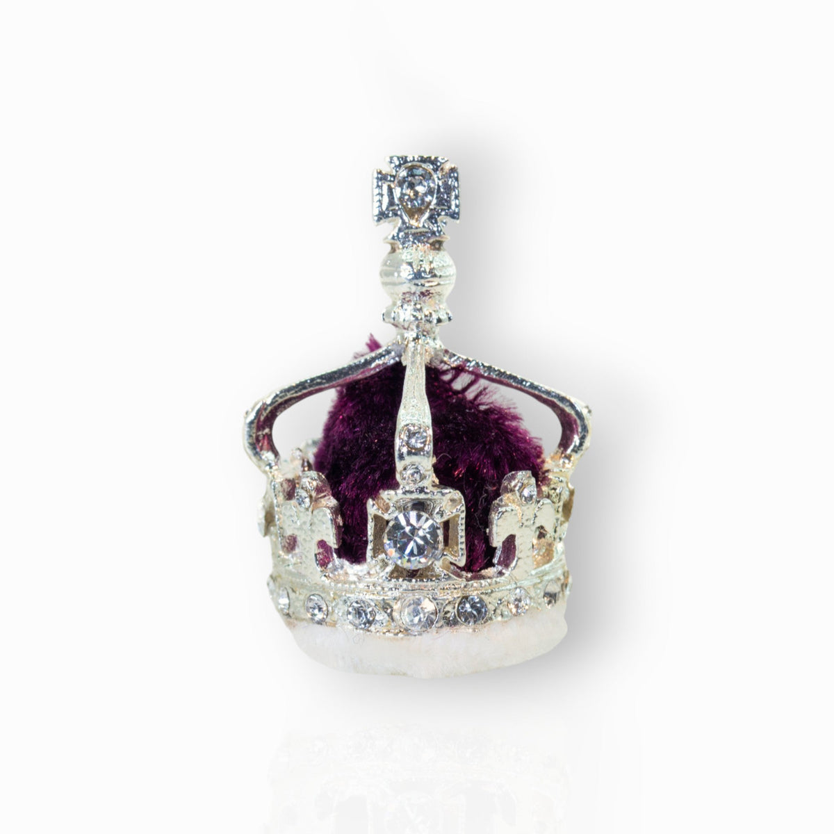 Decorative crown with purple interior and silver embellishments on a white background.