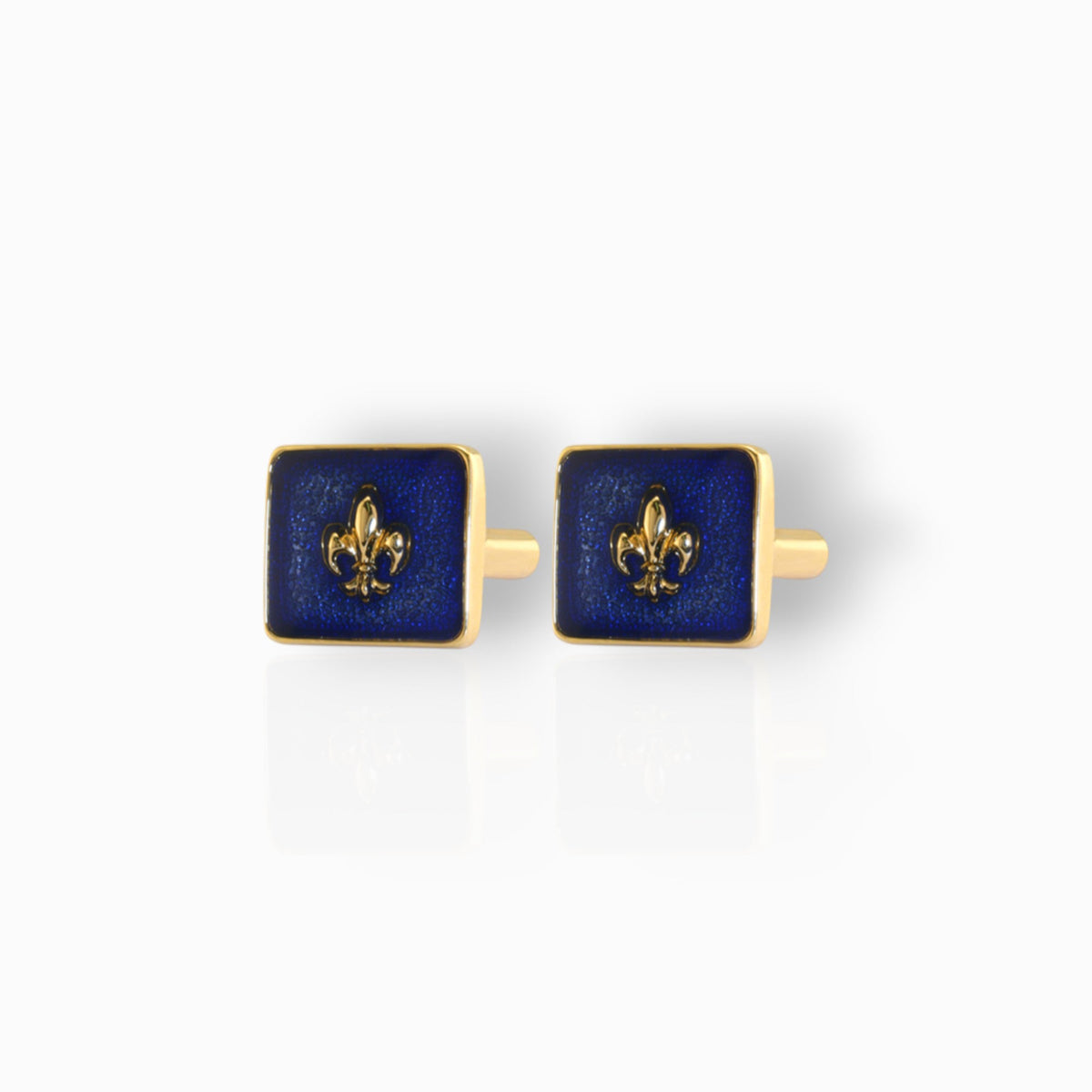 Blue Enamelled Fleur de Lys - Cufflinks on a white background.