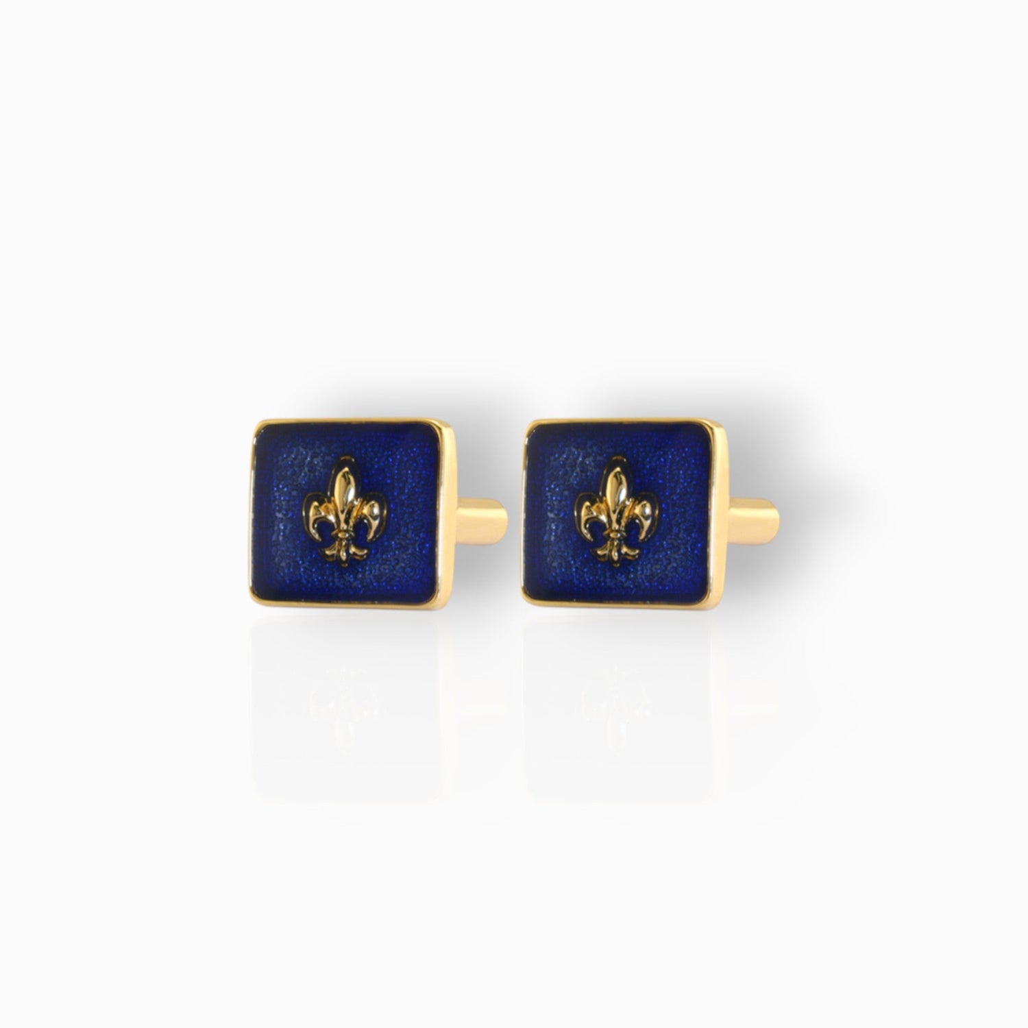 Blue Enamelled Fleur de Lys - Cufflinks on a white background.