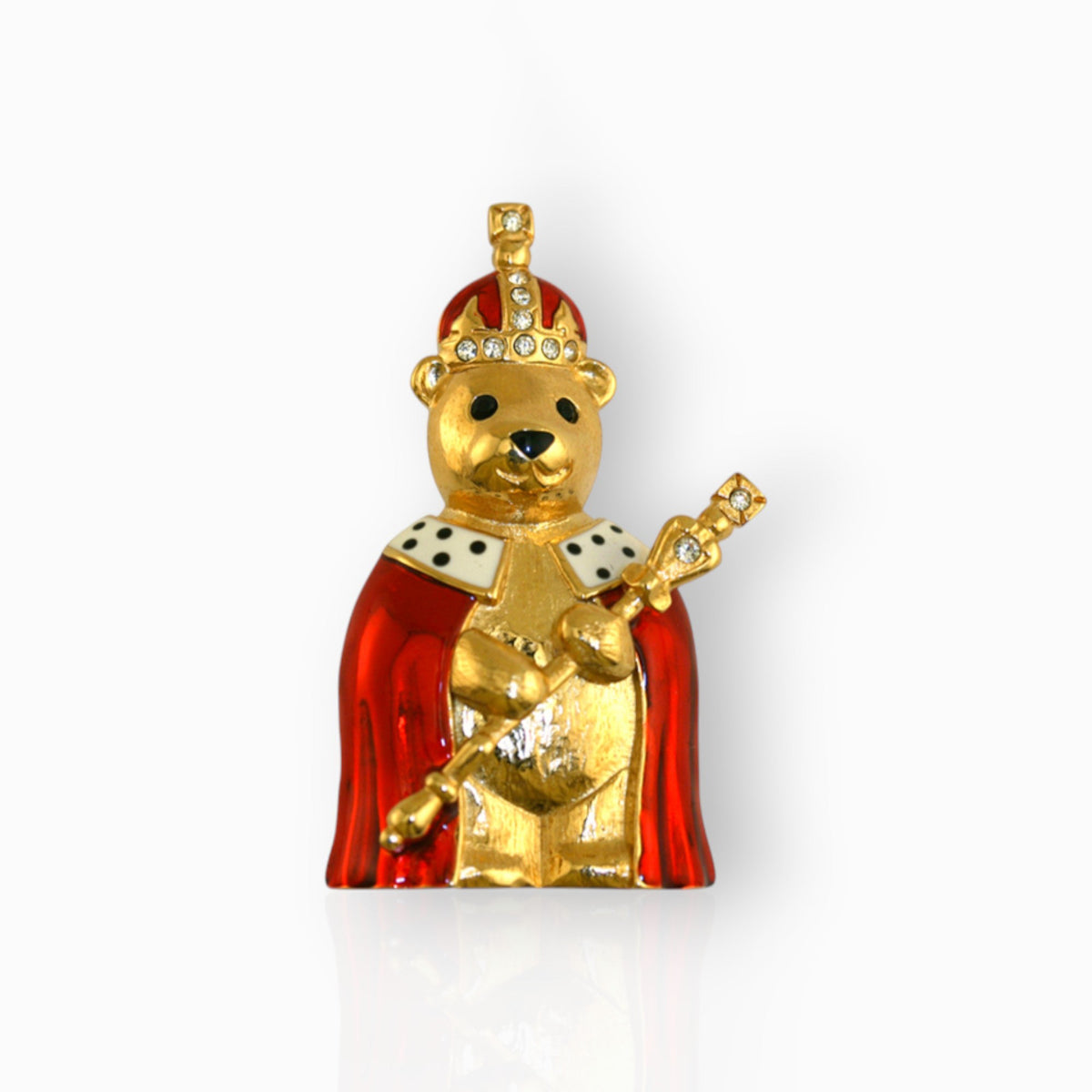 King Teddy Bear - Brooch on a white background.