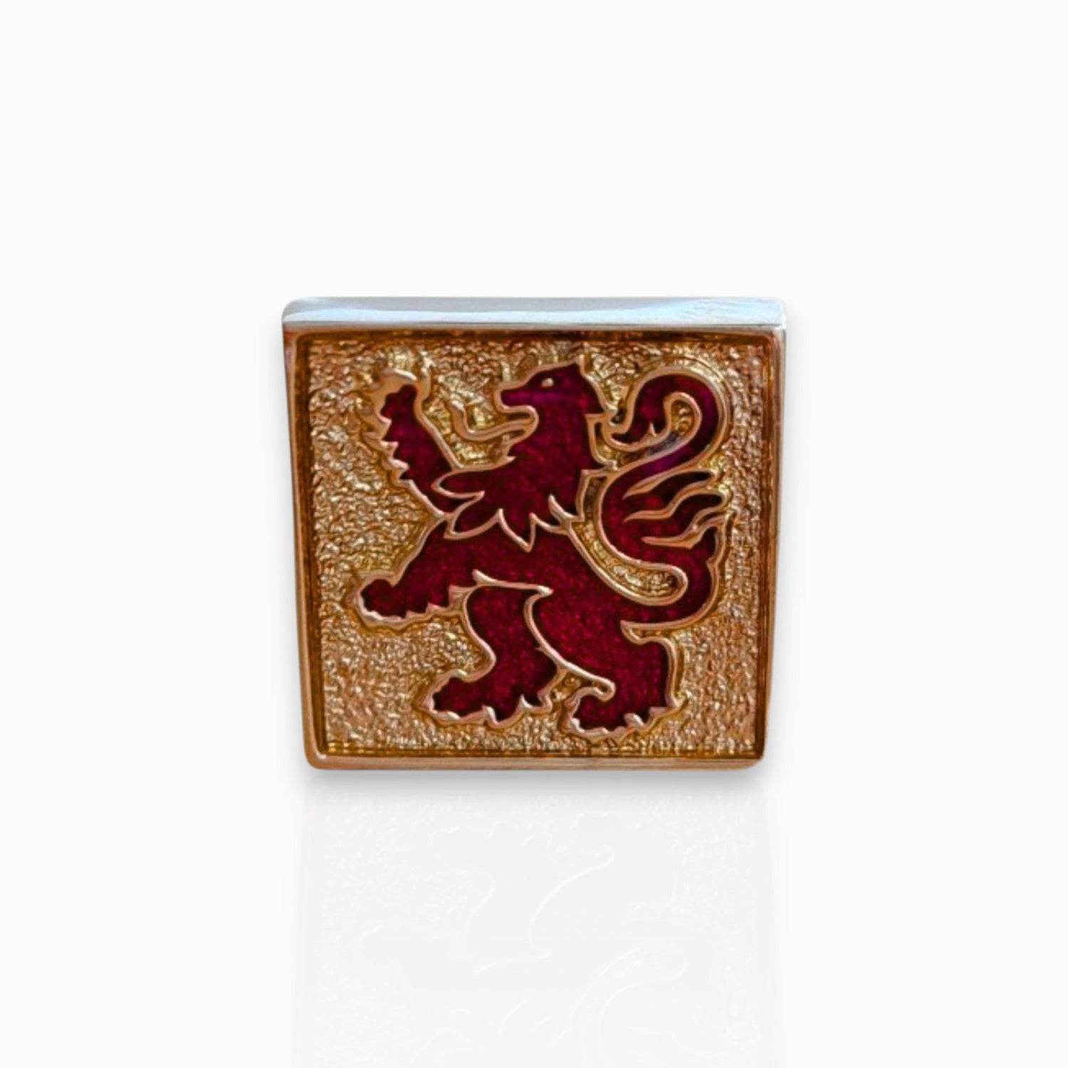 Lion Rampant Red and Gold - Badge Pin on a white background.