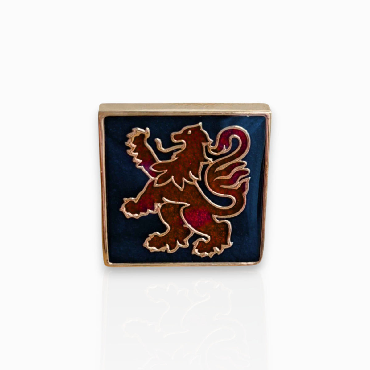 Lion Rampant Red and Blue - Badge Pin on a white background.