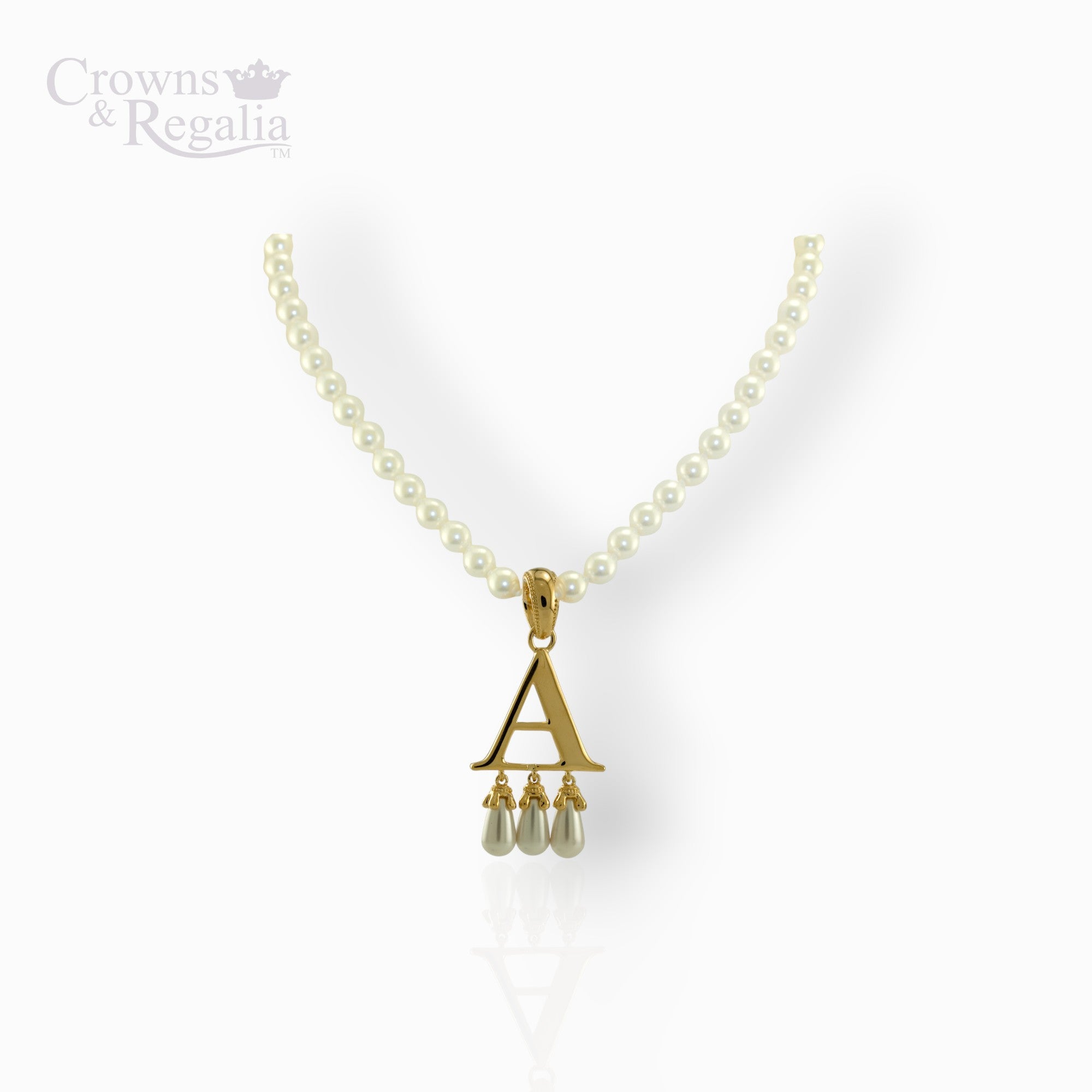 Pearl necklace with a gold pendant featuring the letter 'A' on a white background.