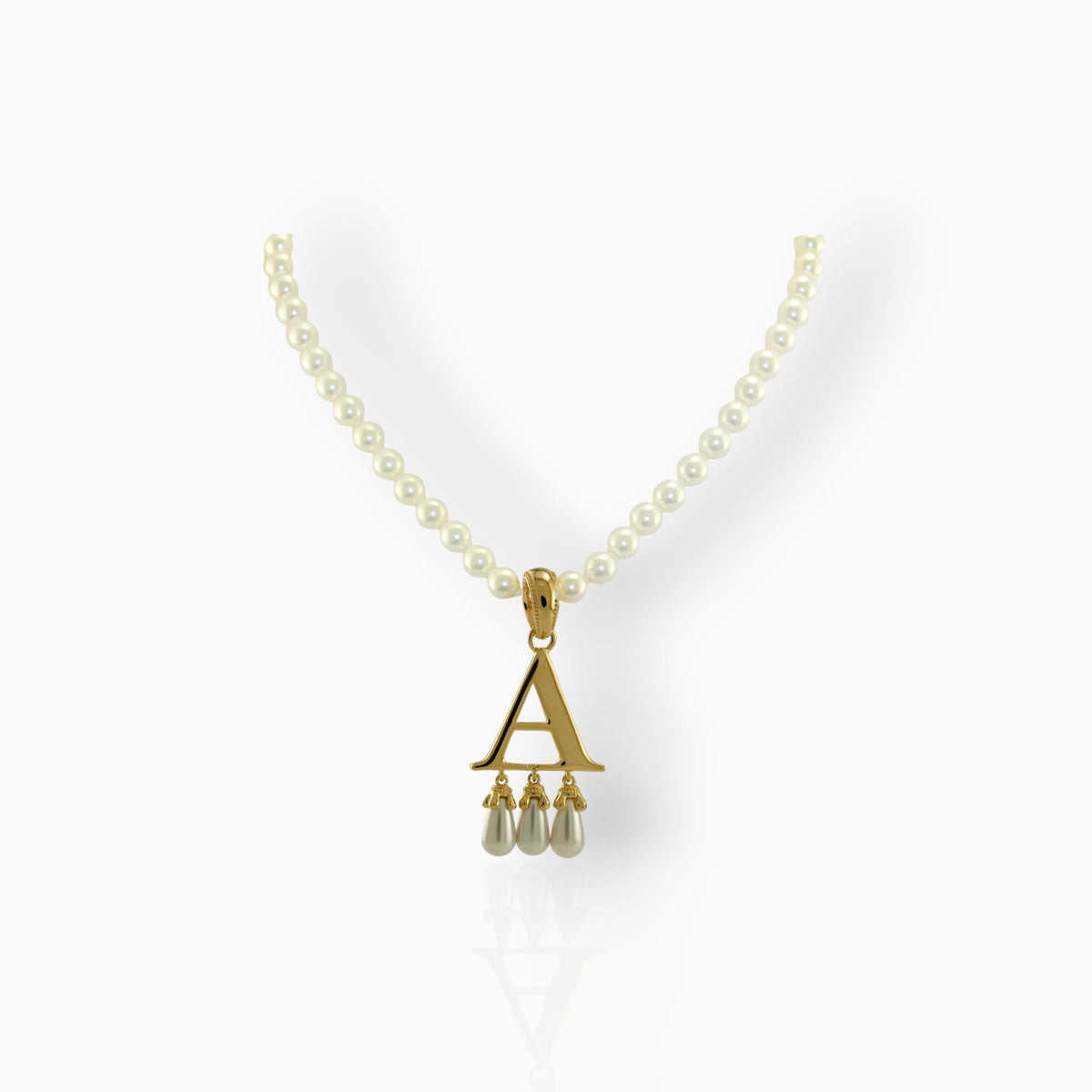 Pearl necklace with a gold pendant featuring the letter 'A' on a white background.