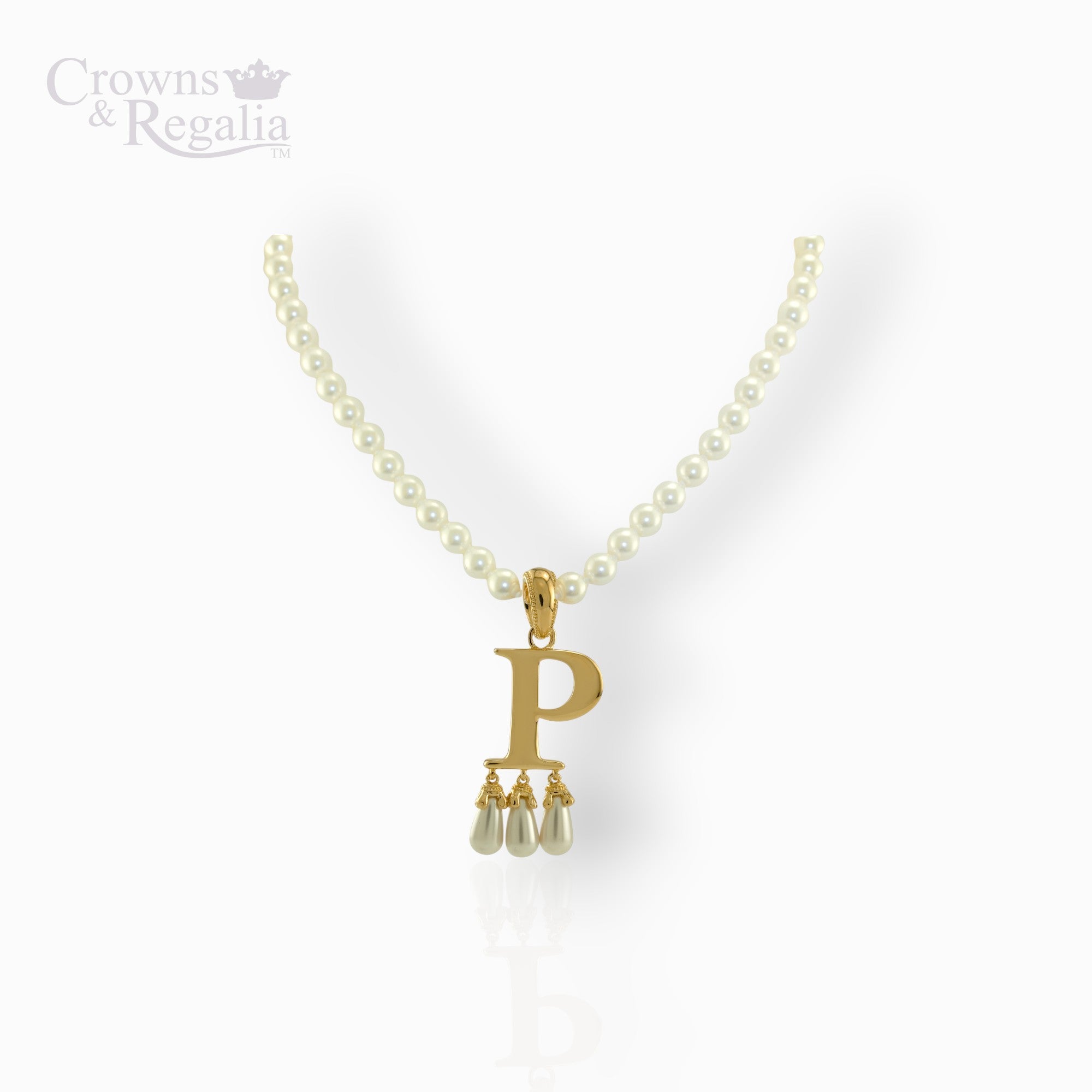 Pearl necklace with a gold pendant featuring the letter 'P' on a white background.