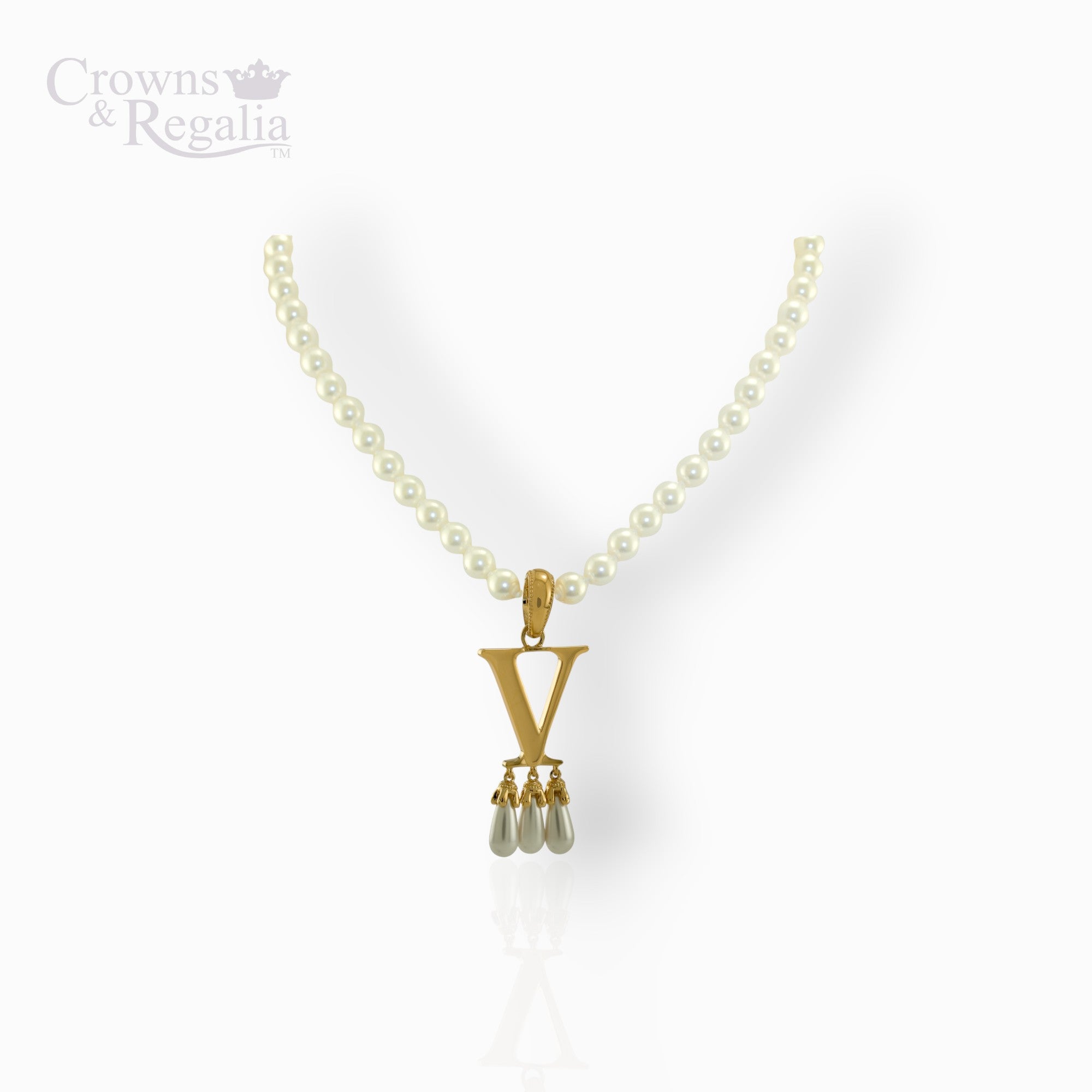 Pearl necklace with a gold pendant featuring the letter 'V' on a white background.