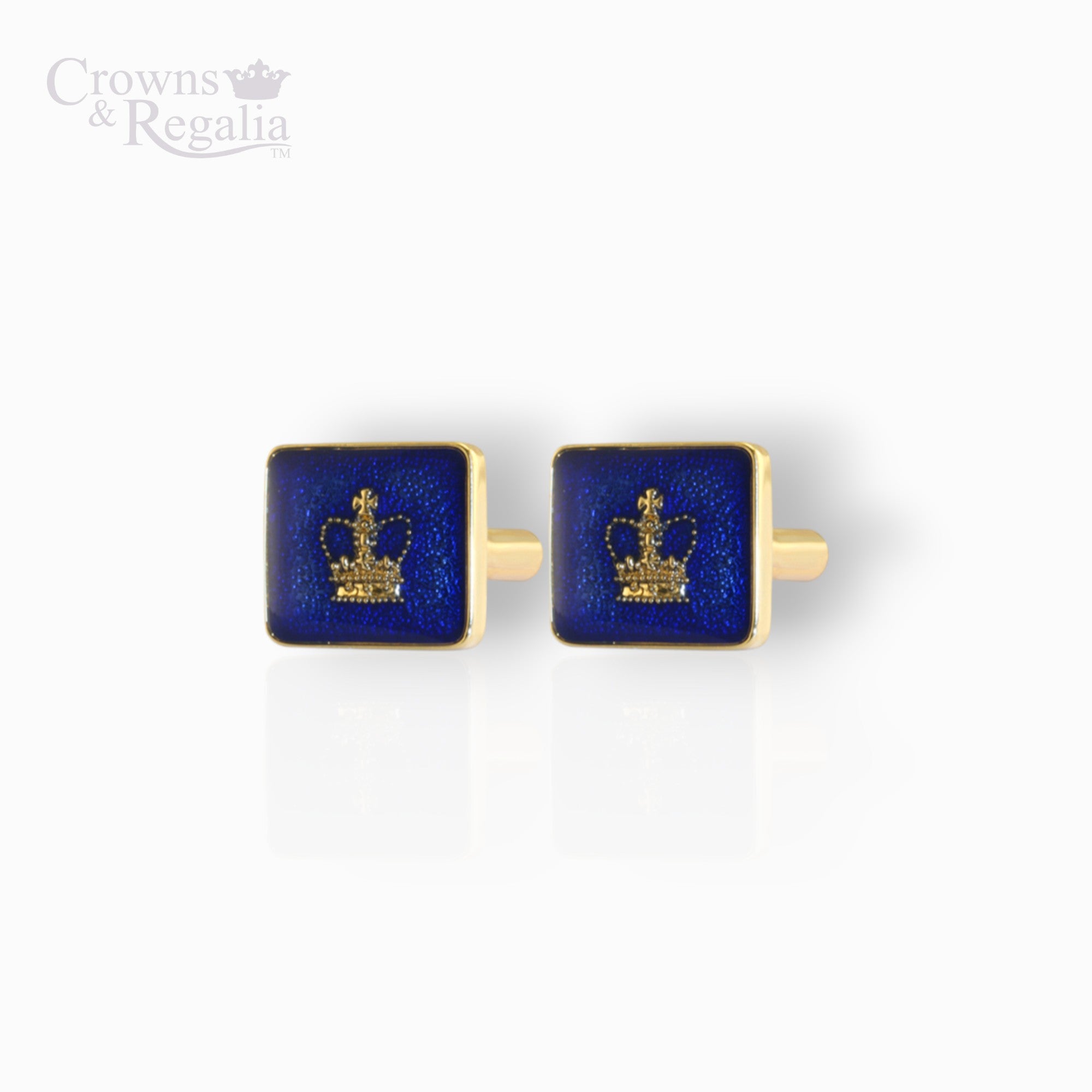 Gold and blue cufflinks with a crown design on a white background, branded 'Crowns & Regalia'.