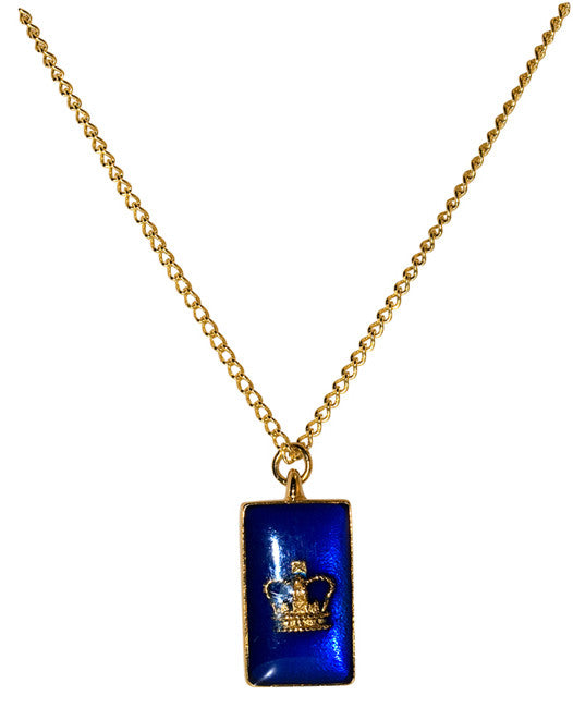 A blue enamelled crown pendant with a gold-toned chain.