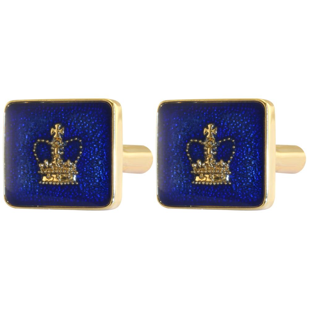 Blue Enamelled Crown - Cufflinks on a white background.