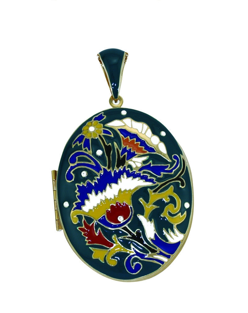Large Green Enamel Floral Locket Pendant